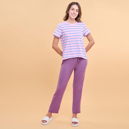 Enamor Essentials Womens E014-Mid Rise Slim Fit Basic Straight Leg Lounge Pants, Violet