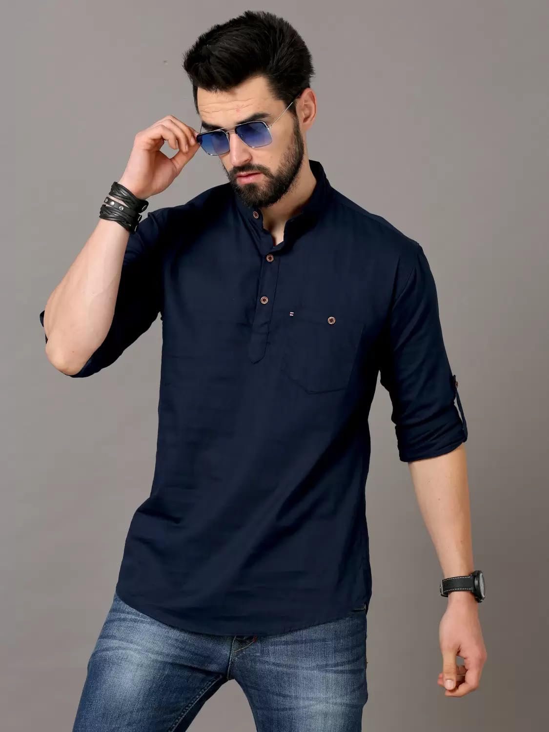 Deemoon MenS Cotton Blend Full Sleeve Short Kurta With Mandarin Collar Crafted From A Premium Cotton Blend Navy Blue