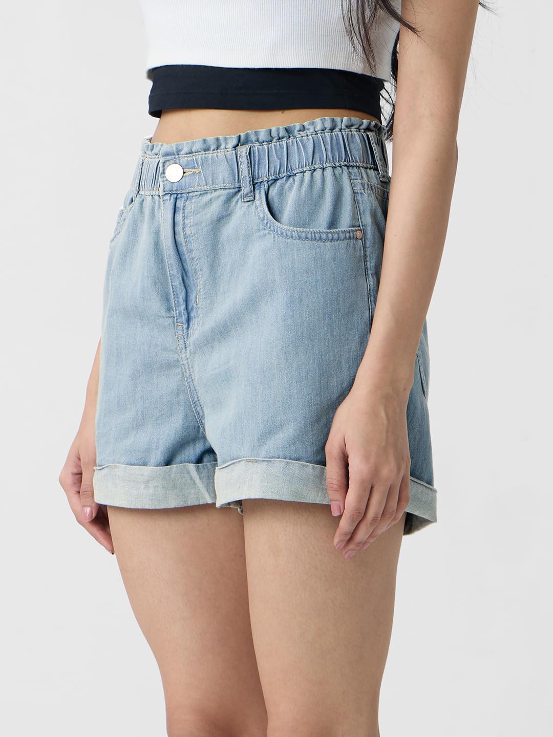 The Souled Store Denim Shorts: Stone Women and Girls Buttoned Solid Cotton Above The Knee Denim Shorts