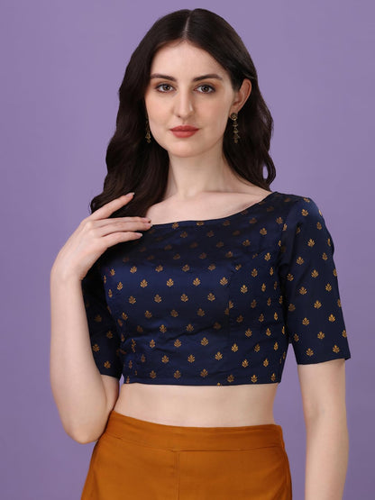 OOMPH! Womens Indian Ethnic Wear Designer Leaf Pattern Boat Neck Half Sleeve Brocade Navy Blue Blouse for Saree or Lehnga and B