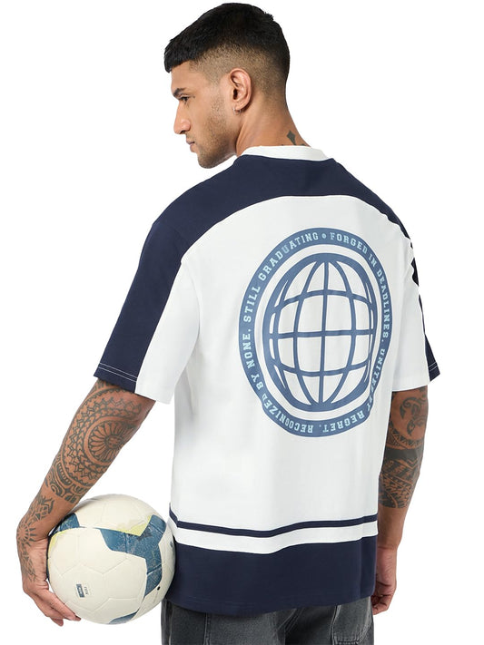 Bewakoof Men Color Block Oversized Fit Half Sleeve Round Neck Pure Cotton T-Shirt_684701_White_M