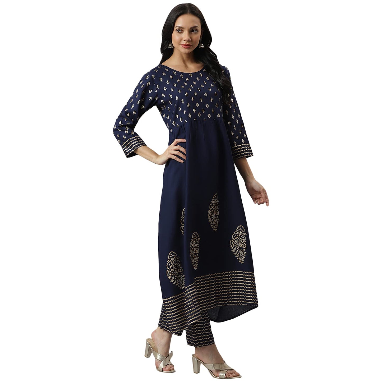 Stylum Women's Gold Printed Rayon Flared Kurta Pant Dupatta Set (Navy Blue)