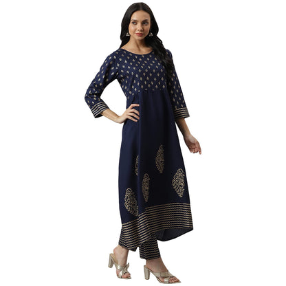 Stylum Women's Gold Printed Rayon Flared Kurta Pant Dupatta Set (Navy Blue)