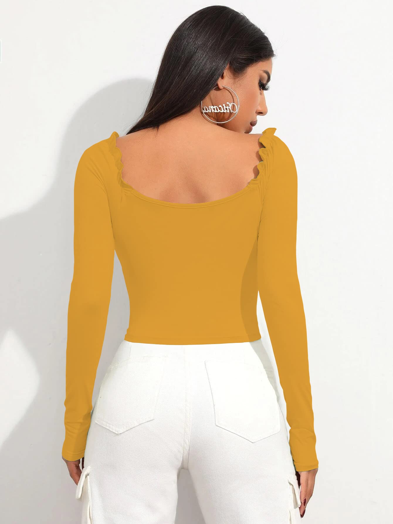 Shasmi Womens & Girls Mustard Full Sleeve, Sweat Hear Neck, Frill Trim Ruched Crop Top for Women, Tops, T-Shirts for Girls (TO