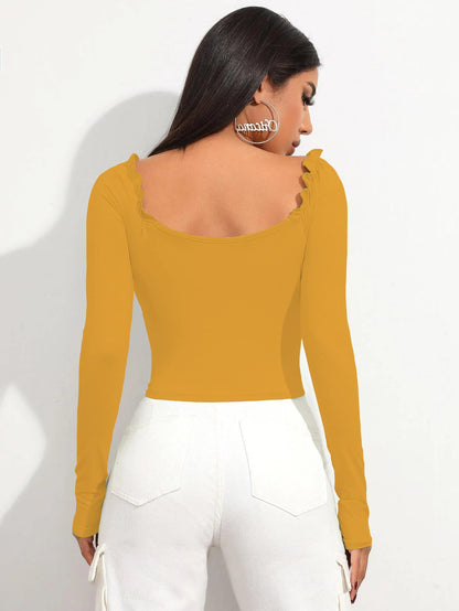 Shasmi Womens & Girls Mustard Full Sleeve, Sweat Hear Neck, Frill Trim Ruched Crop Top for Women, Tops, T-Shirts for Girls (TO