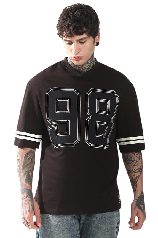 Hubberholme Men Cotton Terry Printed Oversized V-Neck Half Sleeves Tshirts 16 Brown