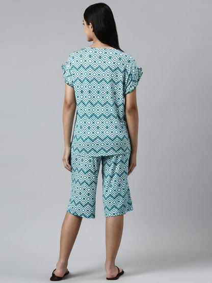 Enamor Essentials-Relaxed Fit Viscose Printed Ruffled Trim Tee & Shant Lounge Set For Womens-EC18 (EC18_Green Stone Tie Dye Aop_