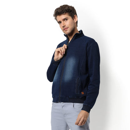 Campus Sutra Mens Dark-Washed Blue Regular Fit Denim Jacket For Winter Wear | Standing Neck | Full Sleeve | Zipper | Casual Den