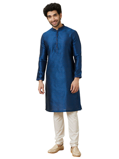 Manyavar Mens Art Silk Self Design Full Sleeves Knee Length Kurta Set (Blue, L)