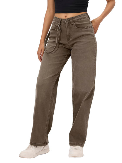 The Souled Store Solids: Faded Brown Straight Fit Wide Leg Cotton Blend Jeans for Women and Girls - Embrace Comfort and Style in
