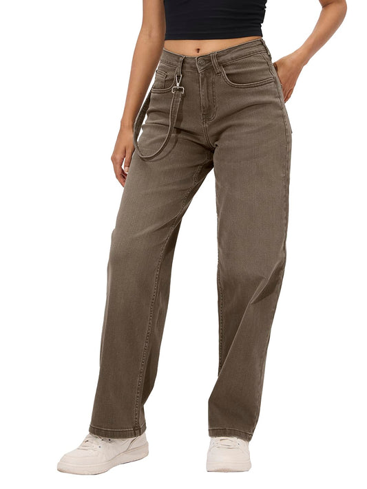 The Souled Store Solids: Faded Brown Straight Fit Wide Leg Cotton Blend Jeans for Women and Girls - Embrace Comfort and Style in