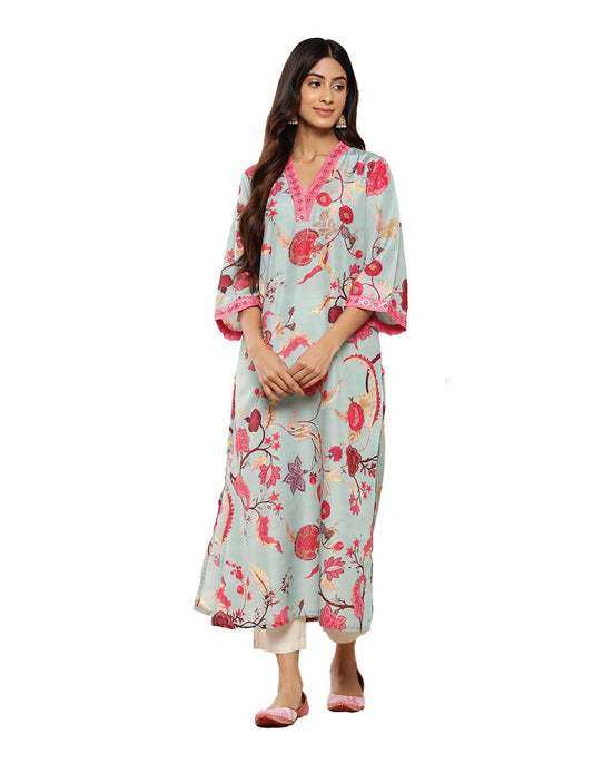 Varanga Women's Blended Relaxed Fit Floral Printed Sequinned Detail A-line Kurta ?Elegant and Stylish Ethnic Wear