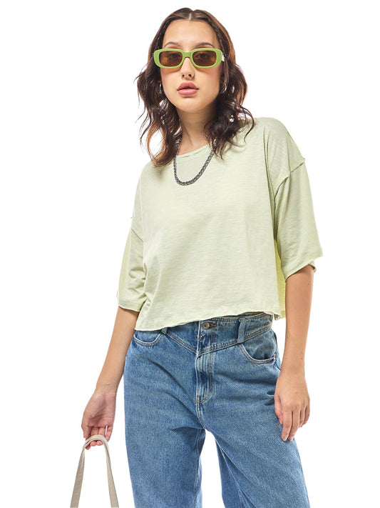 Bewakoof Air 1.0 WomenS Solid Oversized Fit Half Sleeve Round Neck Cotton Short Top_582076_Green_L