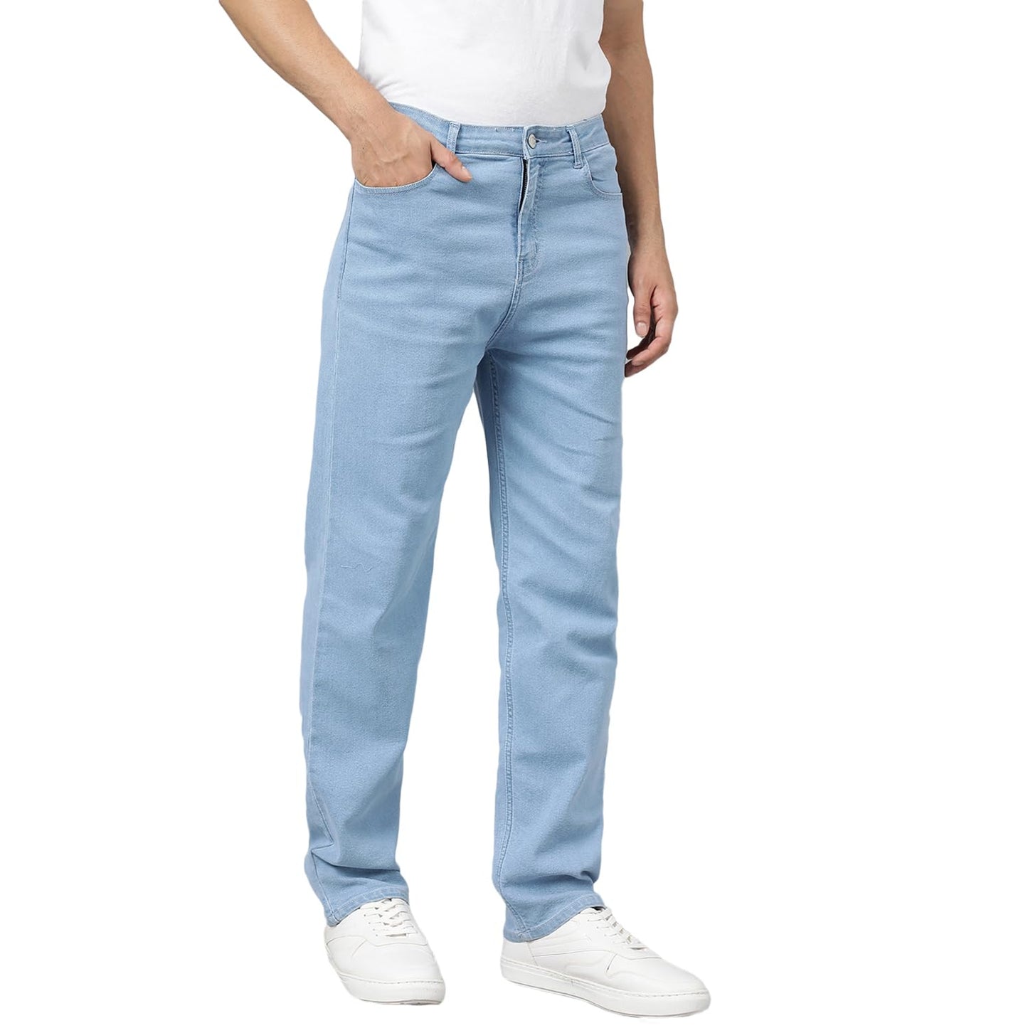 KOTTY Mens Cotton Lycra Blend Relaxed Fit Mid Rise Jeans Light Blue