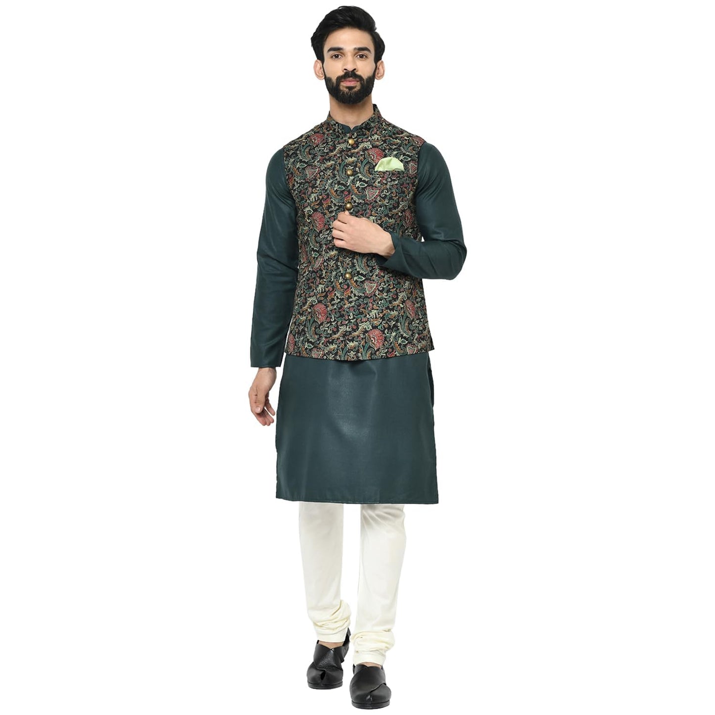 Kisah Men Printed Kurta Jacket Set, Full Sleaves, Knee Length, Straight, Regular Fit, Mandarin Collar Ethnic Wear