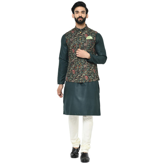 Kisah Men Printed Kurta Jacket Set, Full Sleaves, Knee Length, Straight, Regular Fit, Mandarin Collar Ethnic Wear