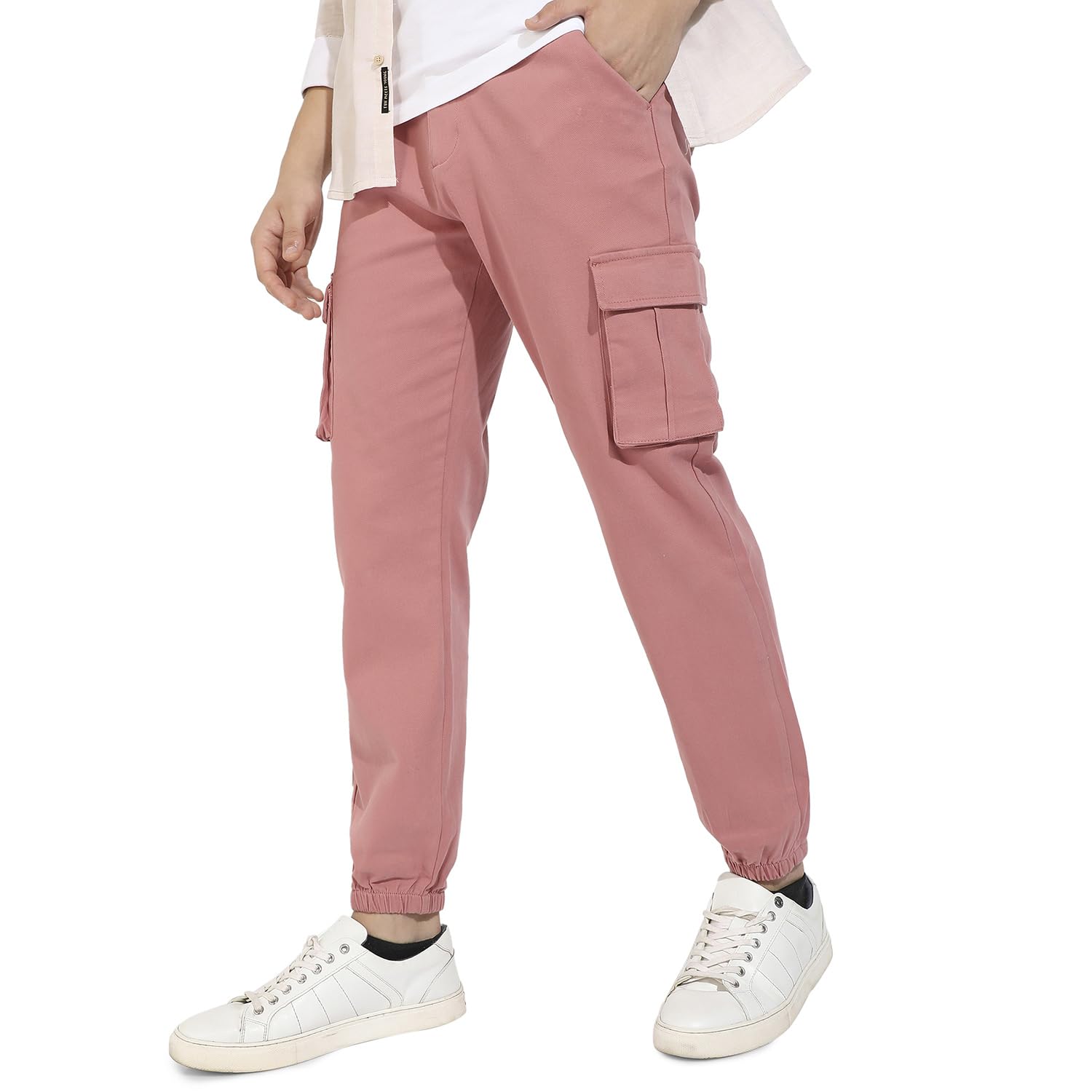 Campus Sutra Mens Nude Pink Cuffed Hem Cargo Trousers for Casual Wear | 6 Pockets | Regular Fit | Button Closure | Cotton Poly
