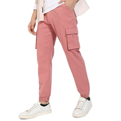 Campus Sutra Mens Nude Pink Cuffed Hem Cargo Trousers for Casual Wear | 6 Pockets | Regular Fit | Button Closure | Cotton Poly