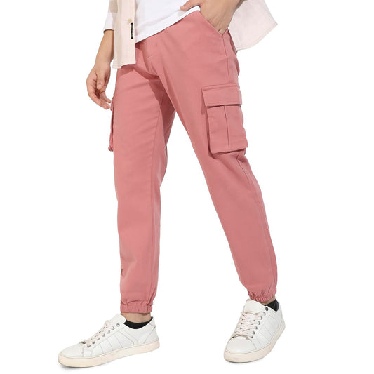 Campus Sutra Mens Nude Pink Cuffed Hem Cargo Trousers for Casual Wear | 6 Pockets | Regular Fit | Button Closure | Cotton Poly