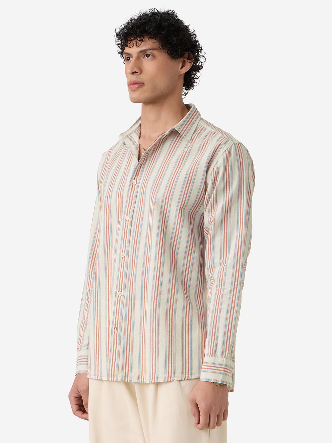 The Souled Store Seaside Stripes Men and Boys Long Sleeves Collared Neck Button Front Beige Regular Fit Cotton Linen Shirts