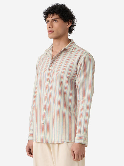 The Souled Store Seaside Stripes Men and Boys Long Sleeves Collared Neck Button Front Beige Regular Fit Cotton Linen Shirts