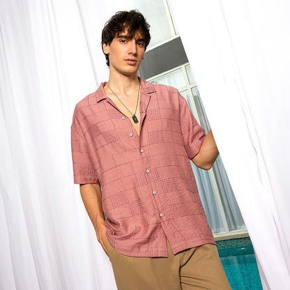 Campus Sutra Mens Sienna Brown Graph-Tactile Oversized Shirt for Casual Wear | Cuban Collar | Short Sleeve | Button Closure | O