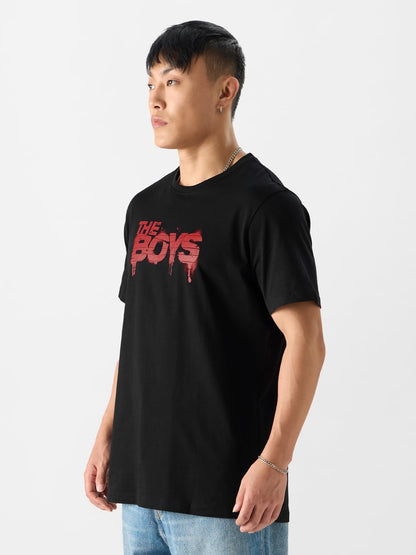 The Souled Store Official The Boys: Logo Men and Boys Short Sleeve Round Neck Black Graphic Print Relaxed Fit T-Shirts Mens Loo