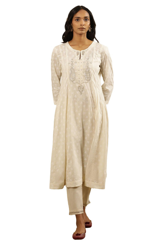 Folksong by W Women White Festive Solid Cotton Flared Kurta