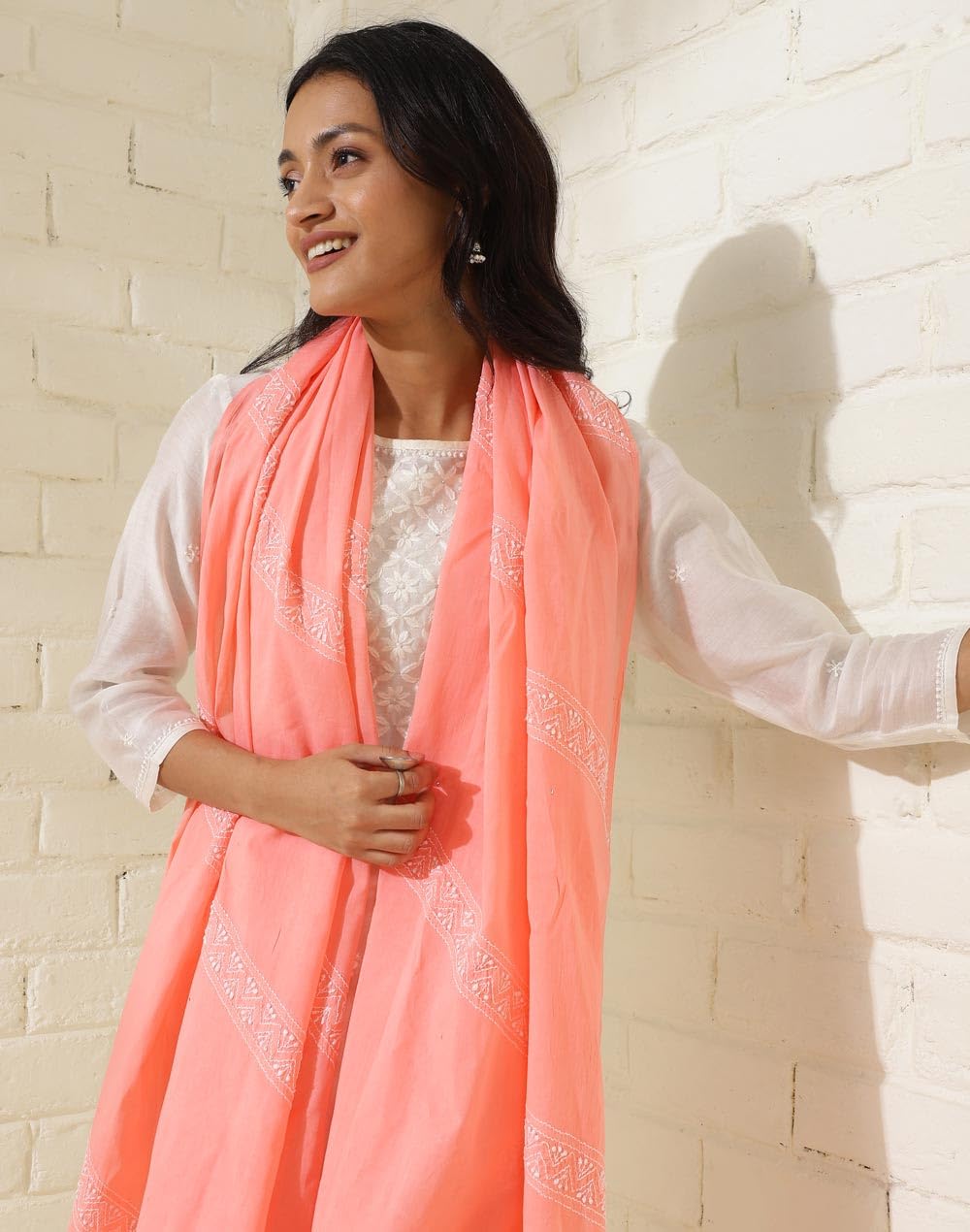 Fabindia Orange Cotton Chikankari Dupatta