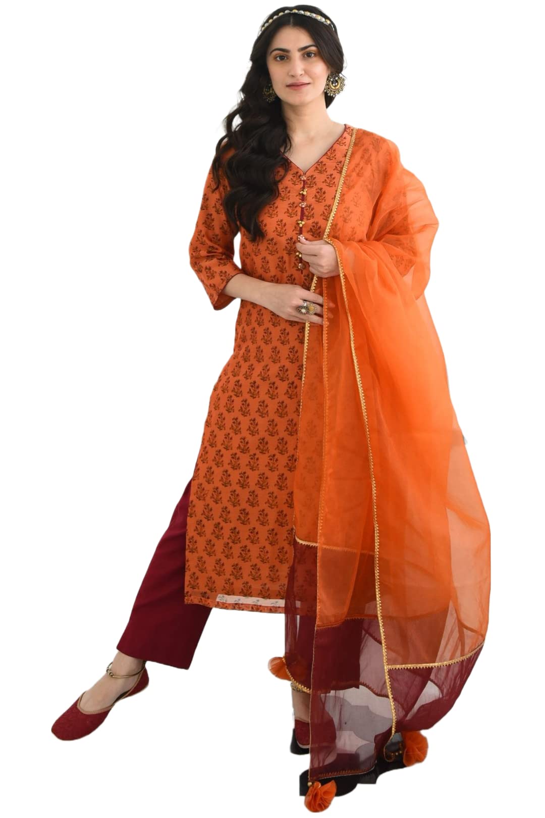 Anni Designer WomenS Chanderi Straight Printed Kurta With Pant & Dupatta (Indu-Orange_S_Orange_Small)