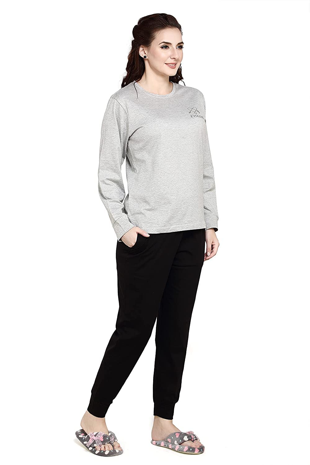 Evolove WomenS Cotton Full Sleeves Round Neck Night Suit Set/Top Pyjama Set Super Soft Comfortable (Grey & Black, Wtskly1390Gy-