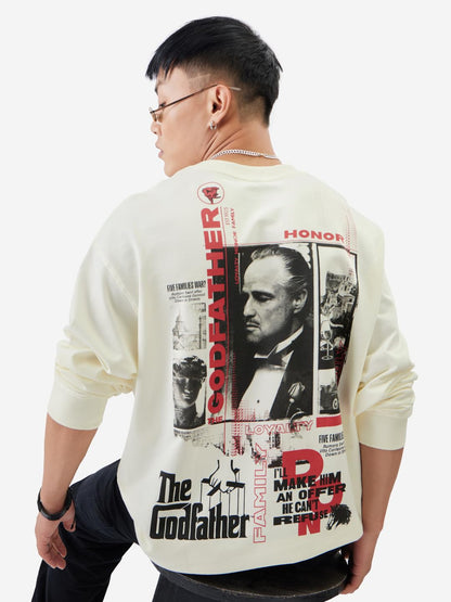 The Souled Store Official The Godfather: Honor Men and Boys Round Neck Long Sleeve White Graphic Printed Oversized Fit T-Shirts
