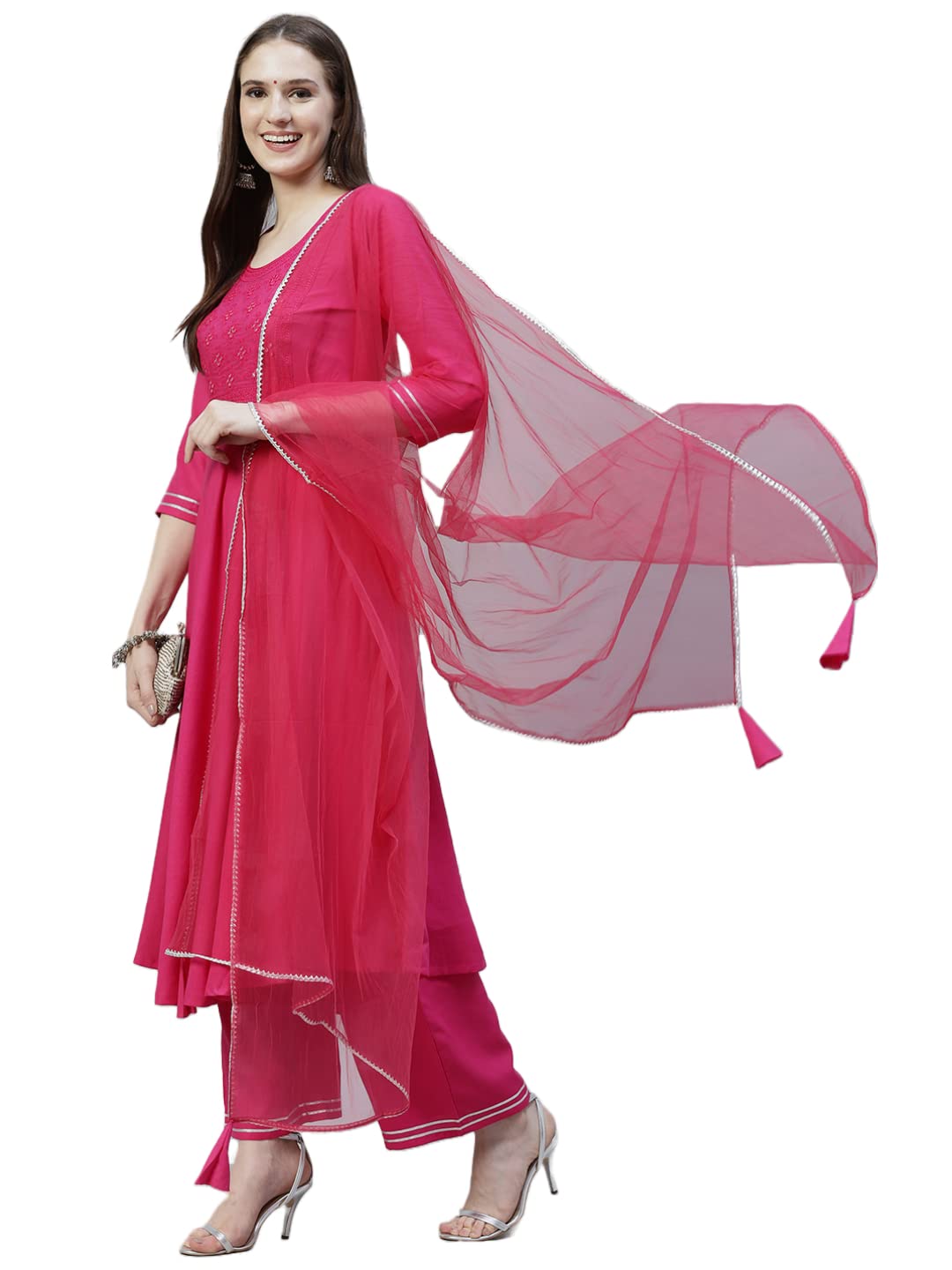 ANNI DESIGNER Womens Cotton Blend Straight Kurta with Pant & Dupatta (Gumdi Pink_XXL_Pink_XX-Large)