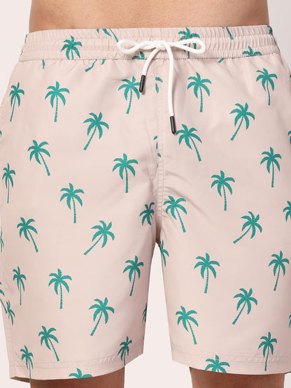 Style Quotient Men Beige and Green Conversational Print Polyester Regular Swim Shorts