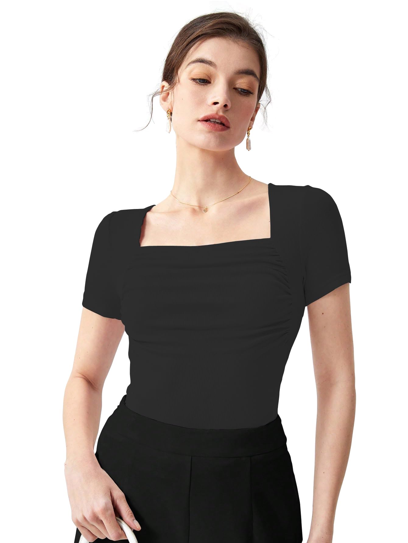 Shasmi Womens & Girls Black Womens Summer Square Neck Solid Color Ruched Tee Workwear Pleated Casual t-Shirt for Women (Top 1