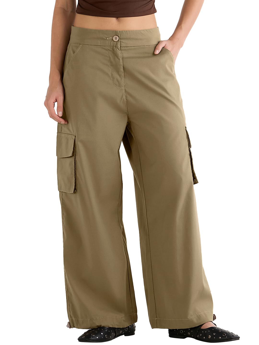 Bewakoof WomenS Solid Oversized Fit Cotton Pant_649982_Brown_36