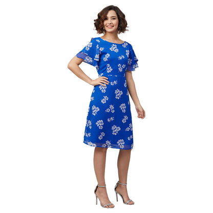 Rare Women'S Chiffon A-Line Knee-Length Casual Dress (Ep7032_Blue)