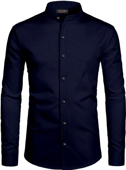 Mildin MenS Cotton Blend Solid Shirt With Mandarin Chinese Collar Full Sleeve Curved Hemline Button Closure Slim Fit | Shirt Fo