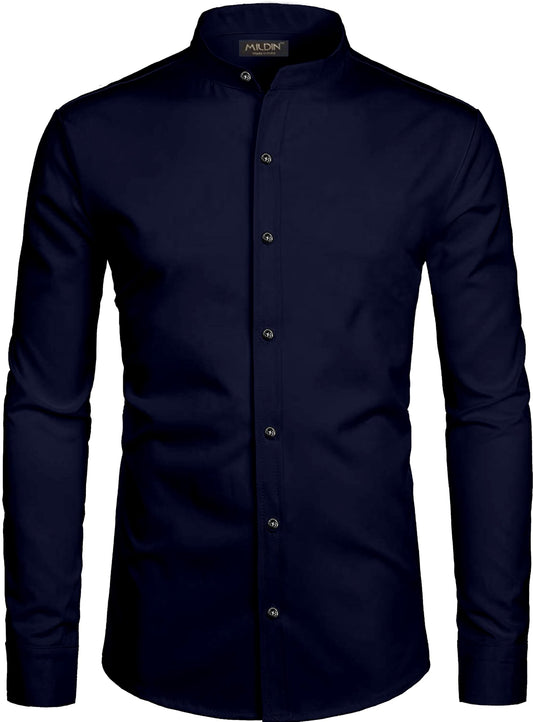 Mildin MenS Regular Cotton Blend Navy Blue Slim Fit Solid Button Down Mandarin Chinese Collar Full Sleeve Curved Hemline Casual