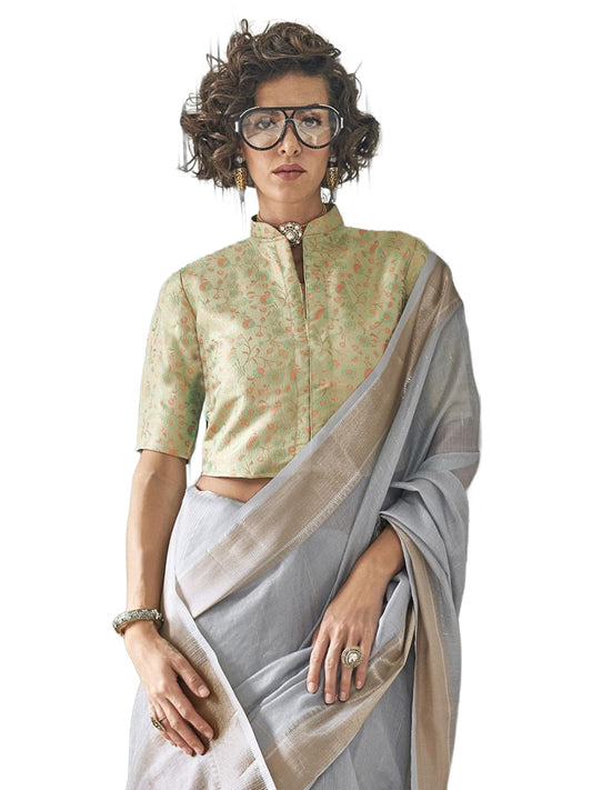 Madhuhansh Womens Soft Linen Saree With Unstitched Multicolor Paisley Blouse Piece Saree With Satin Border Comfortable Skin Frie