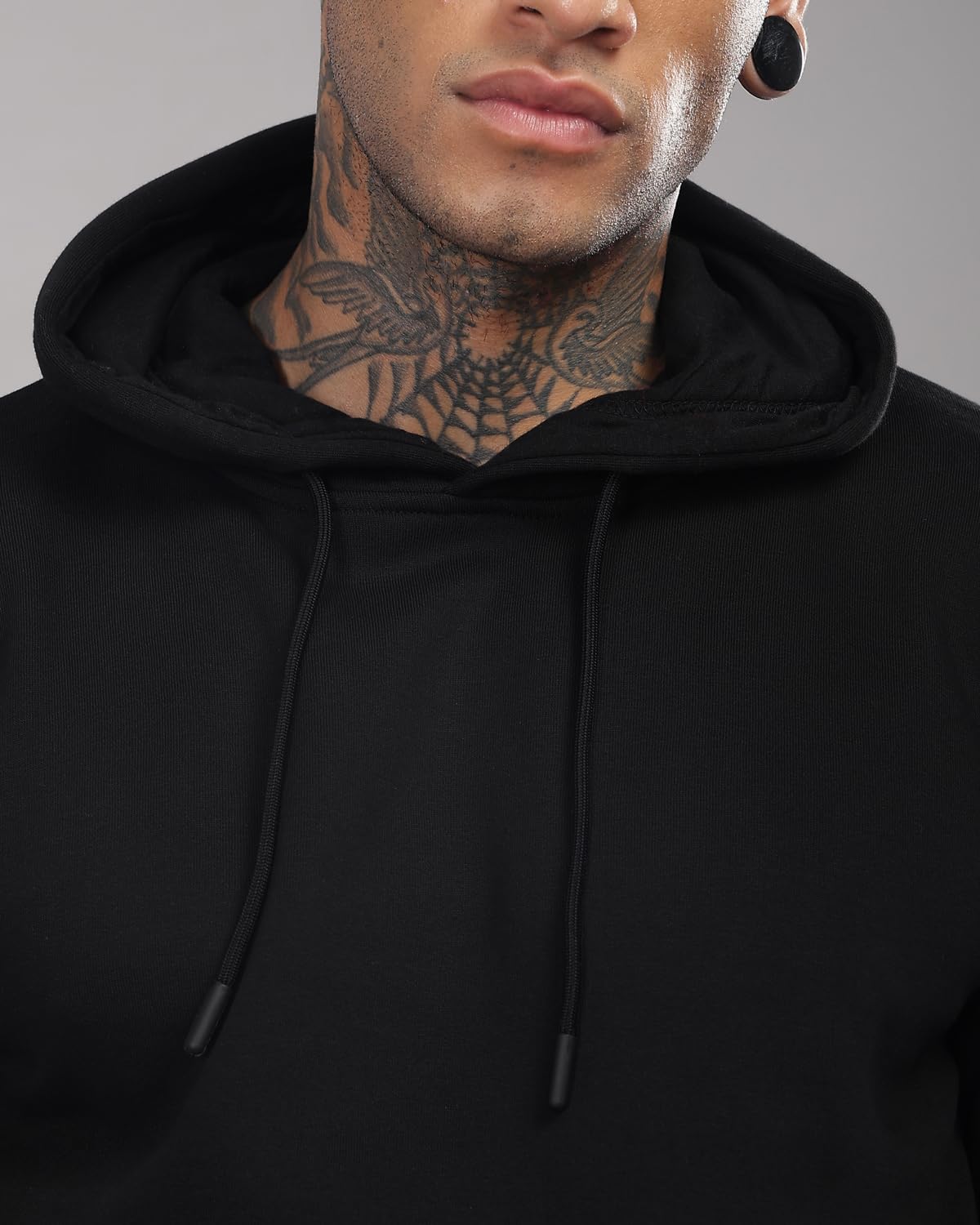 ADRO Men's Cotton Neck Hooded Sweatshirt (H24-M-PLN-BL_Black