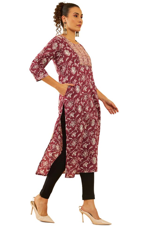 Soch Womens Wine Cotton Ajrak Printed Kurta With Sequinned Zari Work
