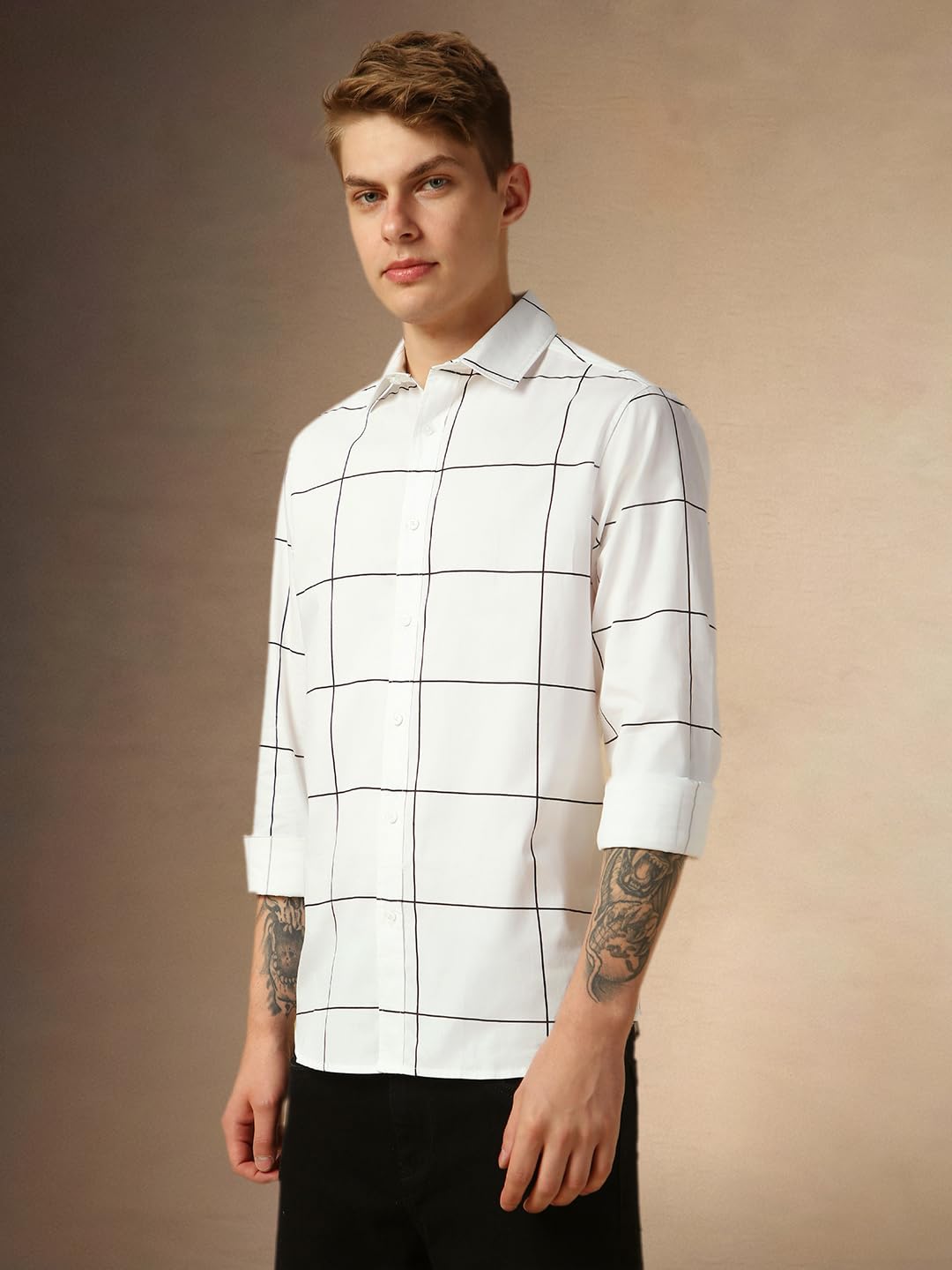 Dennis Lingo MenS White Full Sleeve Spread Collar Checkered Regular Fit Casual Shirt