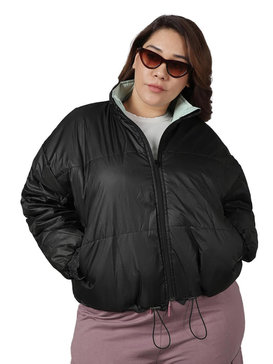 Bewakoof Womens Solid Oversized Fit Full Sleeve Collared Neck Nylon Plus Size Jacket 596271 Black 6XL