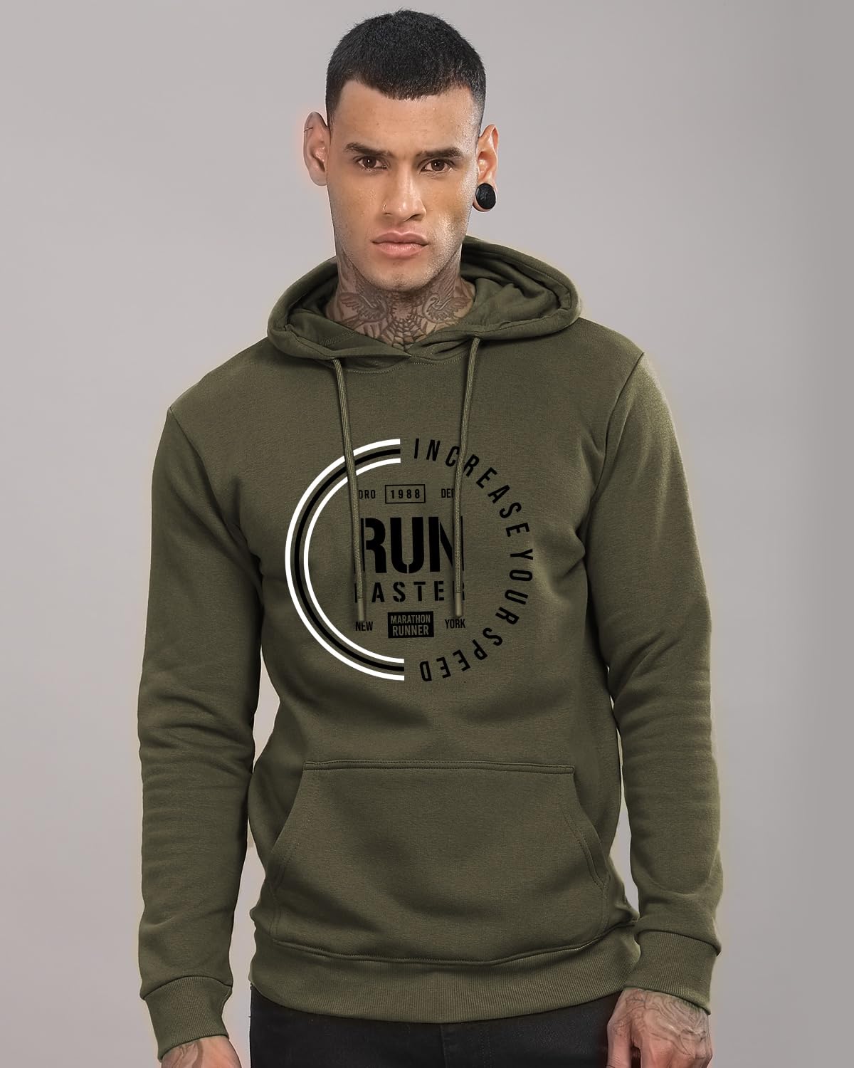ADRO Men's Cotton Neck Hooded Sweatshirt (H24-FAST-OL_Olive