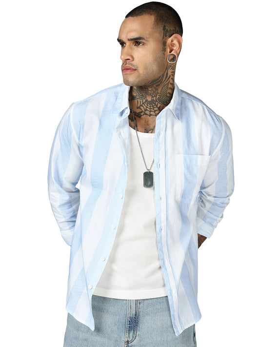 Bewakoof MenS Striped Regular Fit Full Sleeve Collar Cotton Shirt_694519_White_Xl