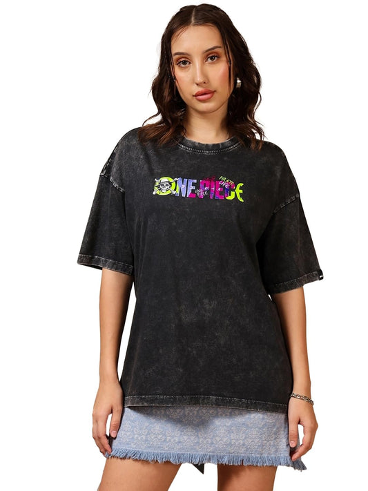 Bewakoof Official One Piece Merchandise Womens Graphic Print Oversized Fit Half Sleeve Round Neck Cotton Acid Wash T-Shirt_6306