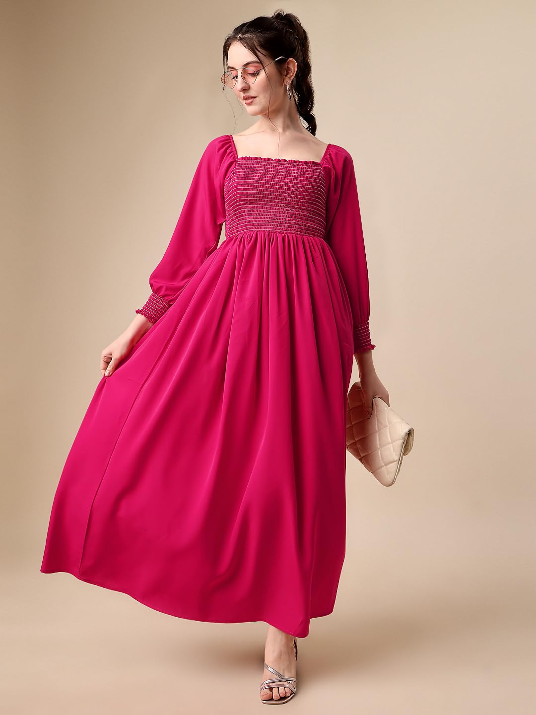 Sheetal Associates WomenS Casual Square Neck Crepe Solid Fit & Flare Dress Hot Pink