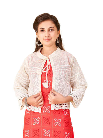 Aarika Girls Cream Colour Chikan Ethnic Jacket (12-16 Years)