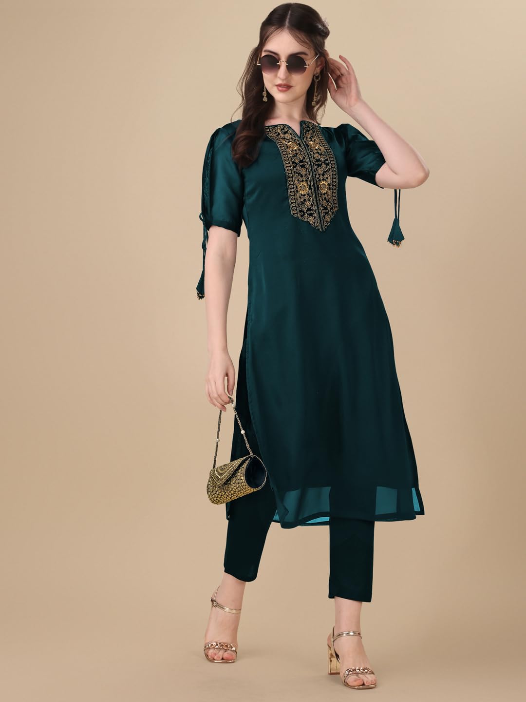 Goroly WomenS Silk Blended Solid Embroidered Pattern Straight Cut Kurta Pant With Puff Sleeve V-Neck Ankle Length And A-Line St